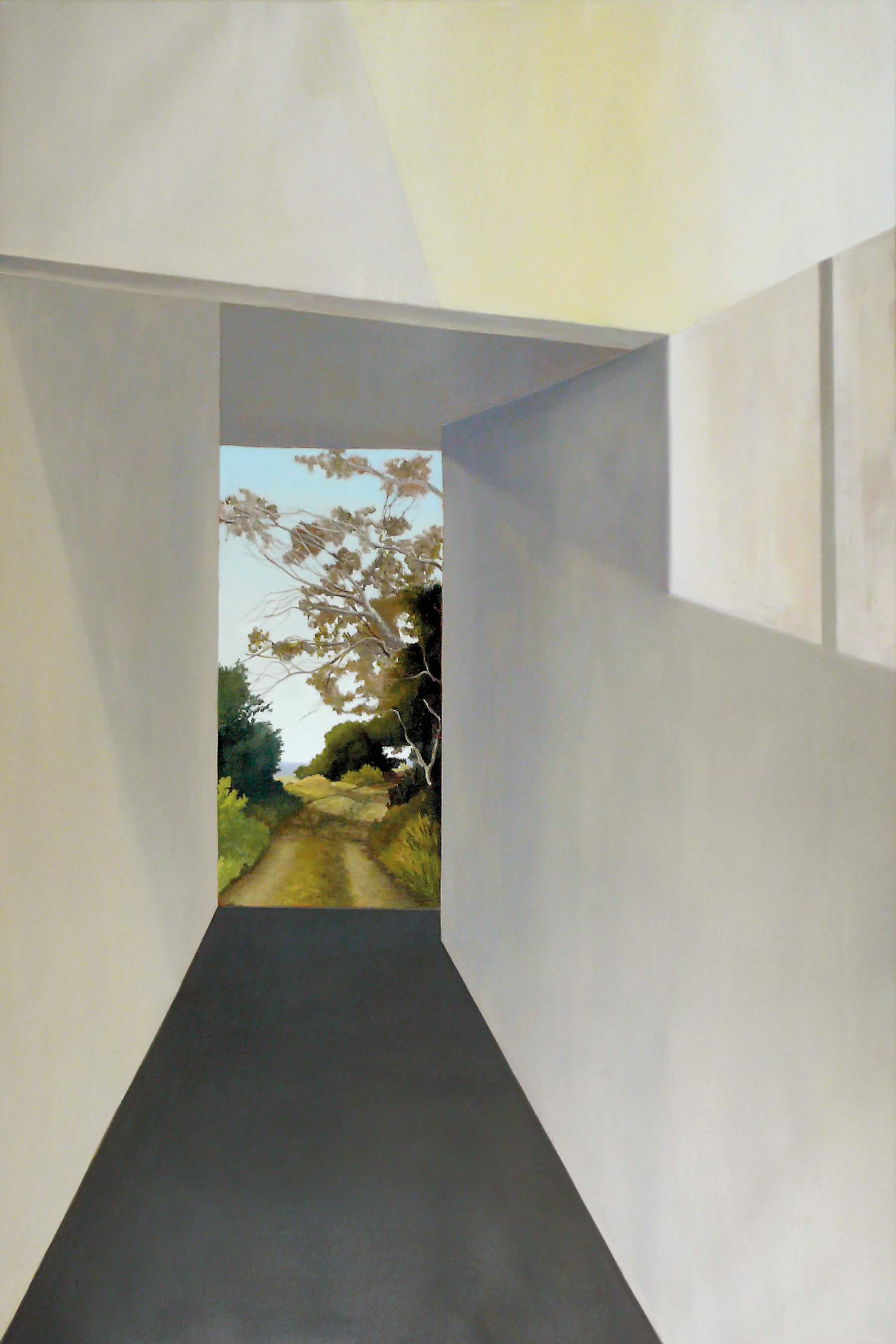 Painting by artist David Keeling, Untitled (2011) showing a hallway in an modern architecturally designed house with a large picture window revealing a coastal landscape with a walking track.