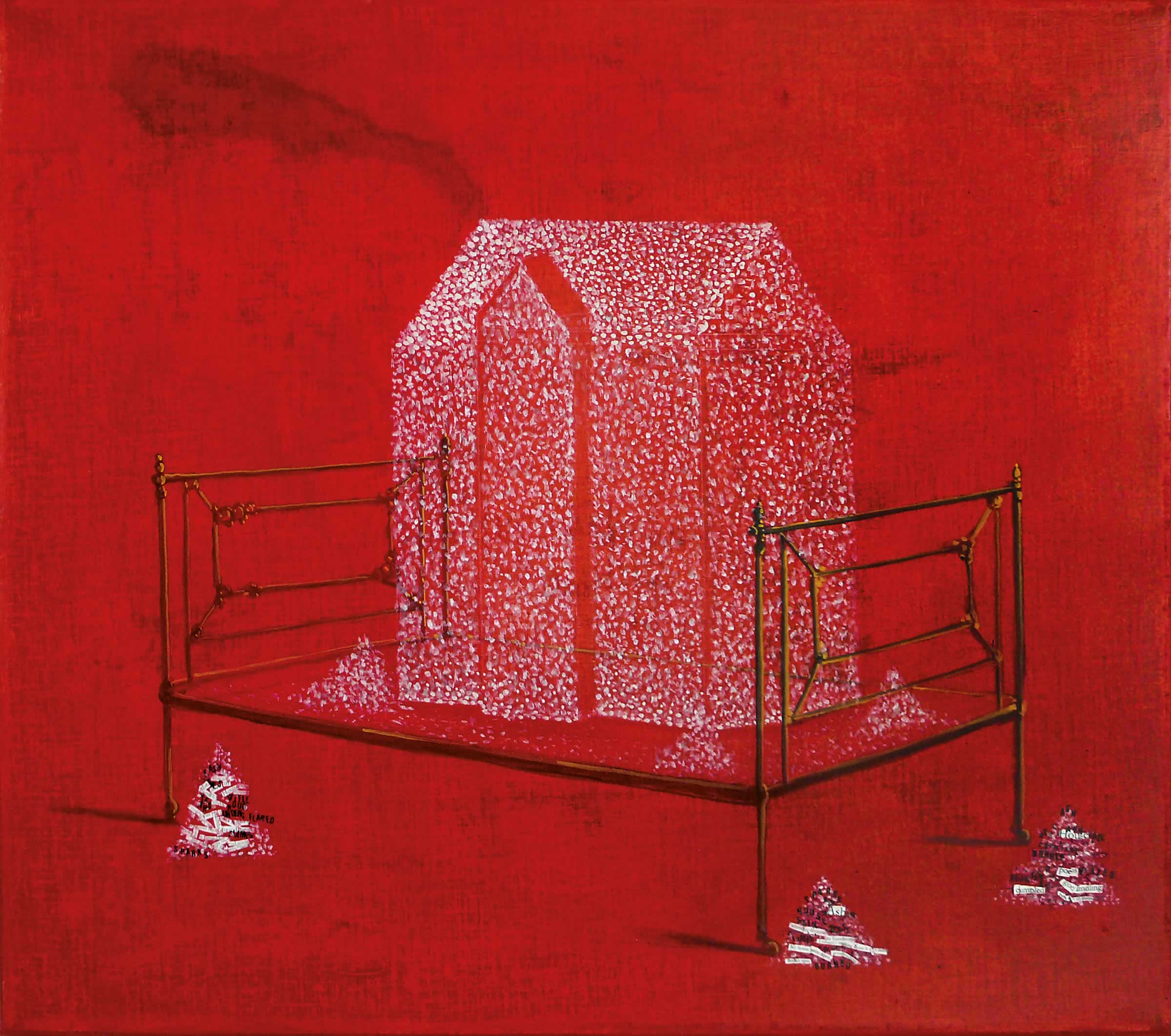 Painting by artist Helen Wright, titled House of Ash (2013) showing a striking red background with a house constructed of small white ash particles sitting on a wrought iron bed stand.