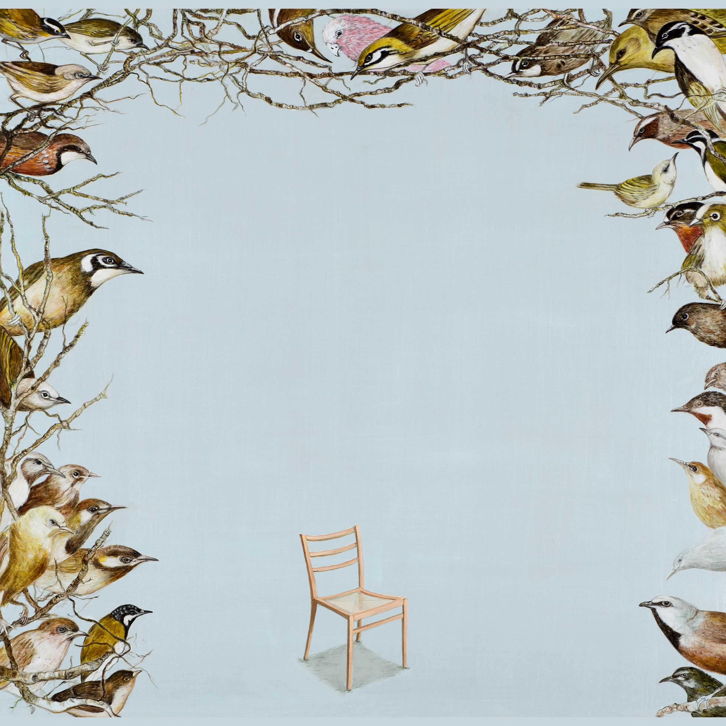 Image of Helen Wright’s painting “Their garden, their chair” showing a simple wooden chair against a light blue background, with Australian birds framing the top and two sides of the blue.