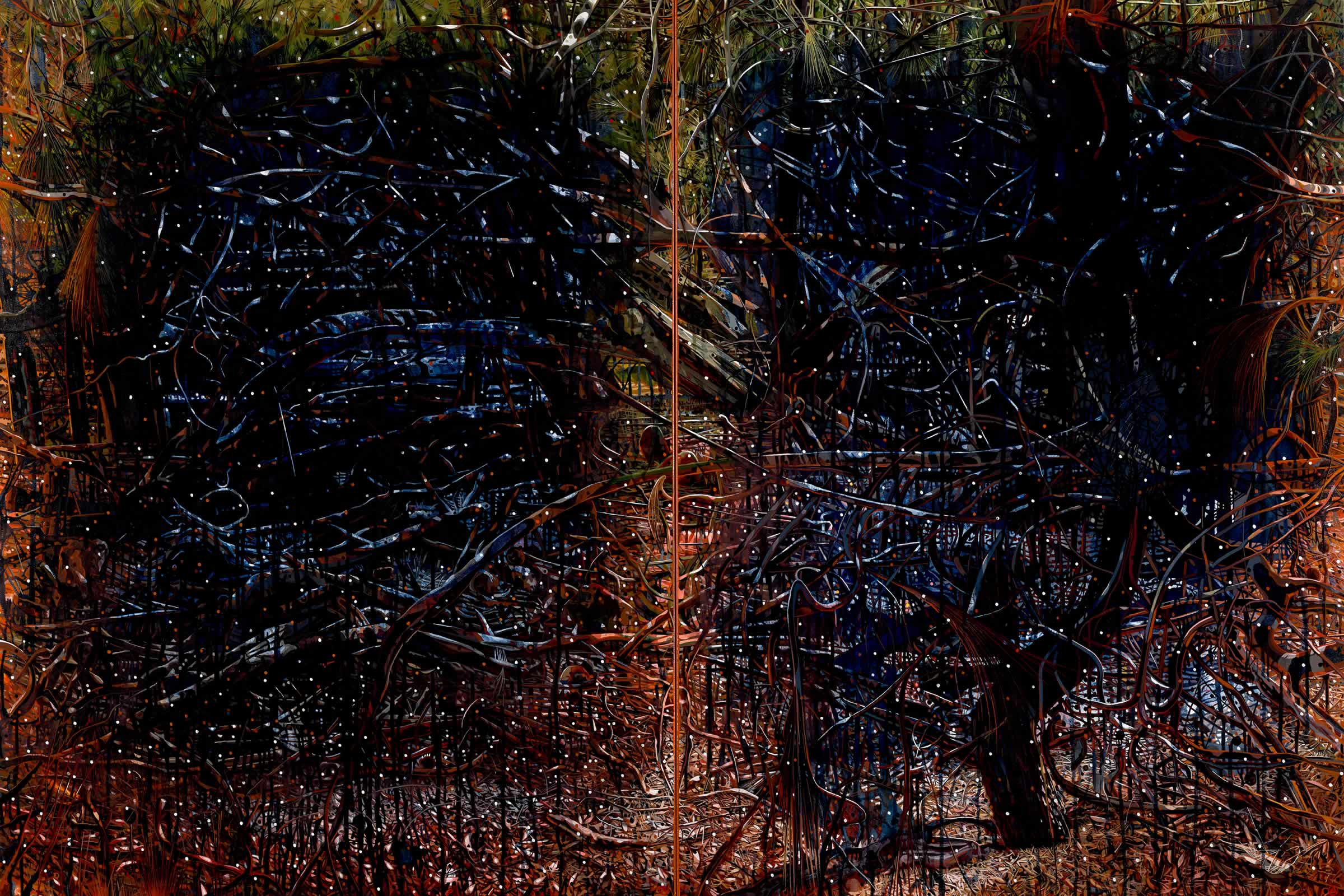 Painting by artist Raymond Arnold titled Toward light: Aboriginal landscape (2018) showing a dark and abstract casuarina landscape.