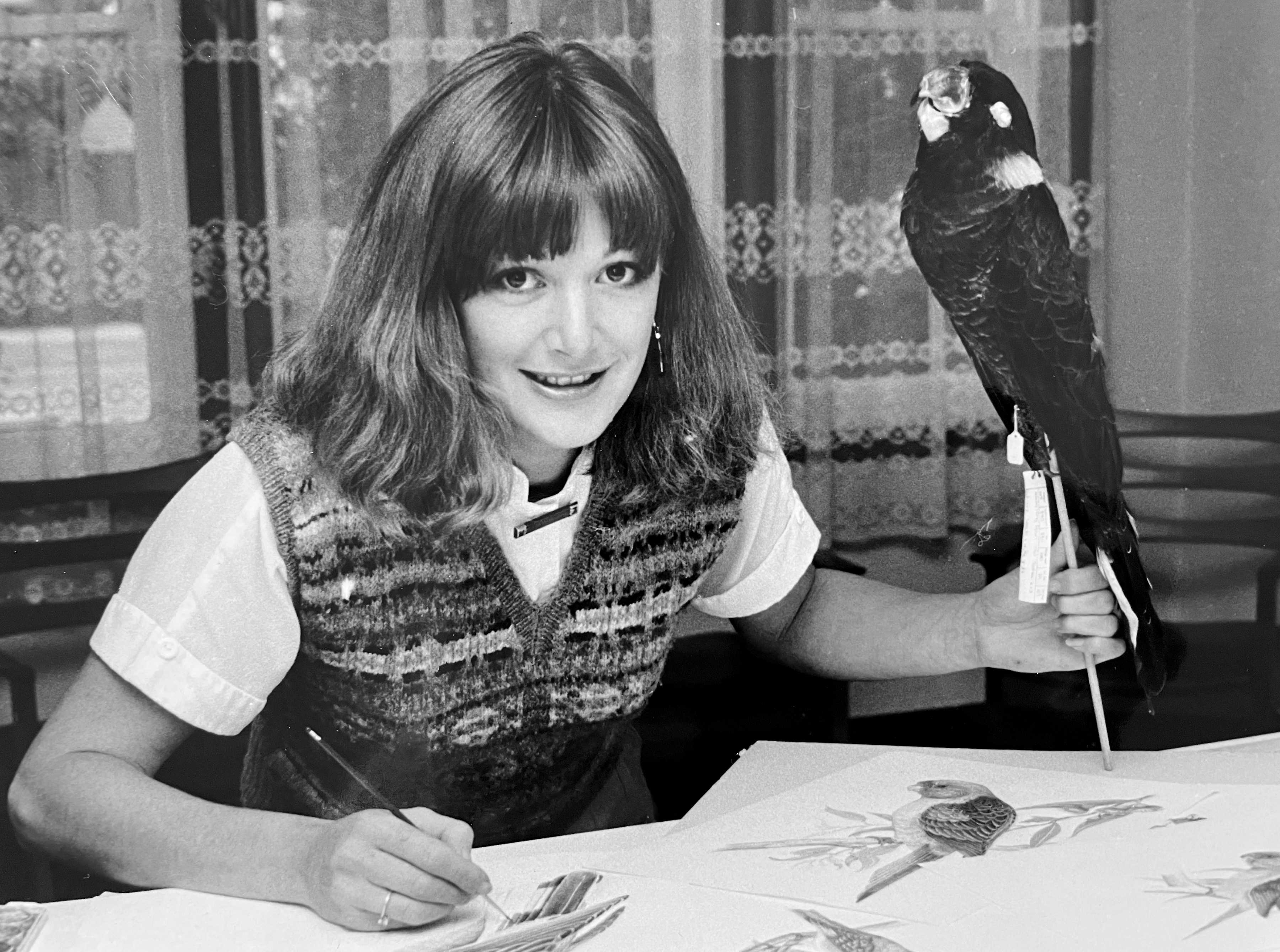 Black and white photograph of Susan Lester working in her studio using real life birds to ensure accuracy.