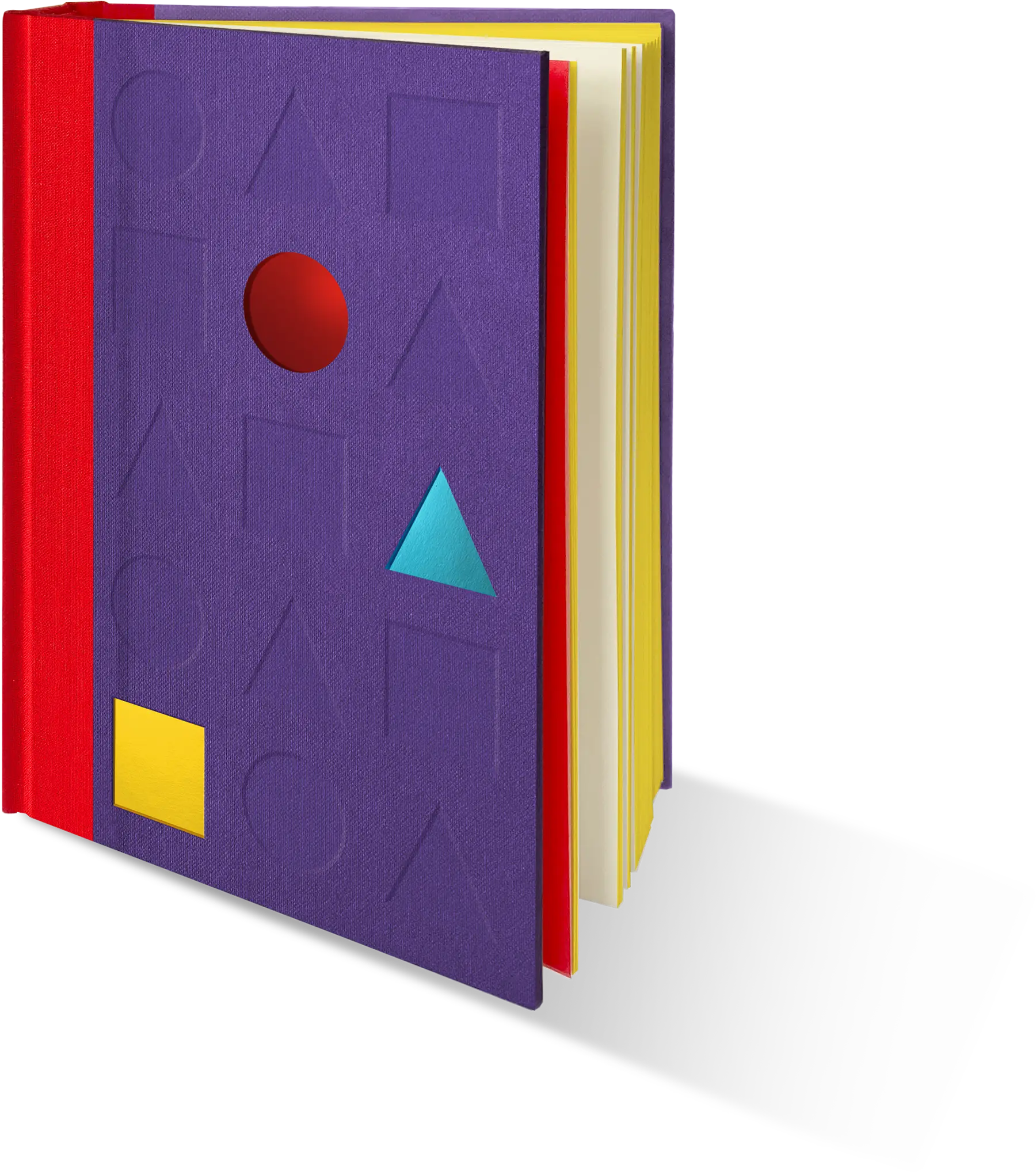 An image of the Repeat Pattern book, showing the book standing up and partly open. The cover has a purple coloured hard case with a yellow foil square, an aqua blue foil triangle and a die-cut red hole. The spine of the book is bound with red linen and the exposed edges of the pages are yellow gilded.