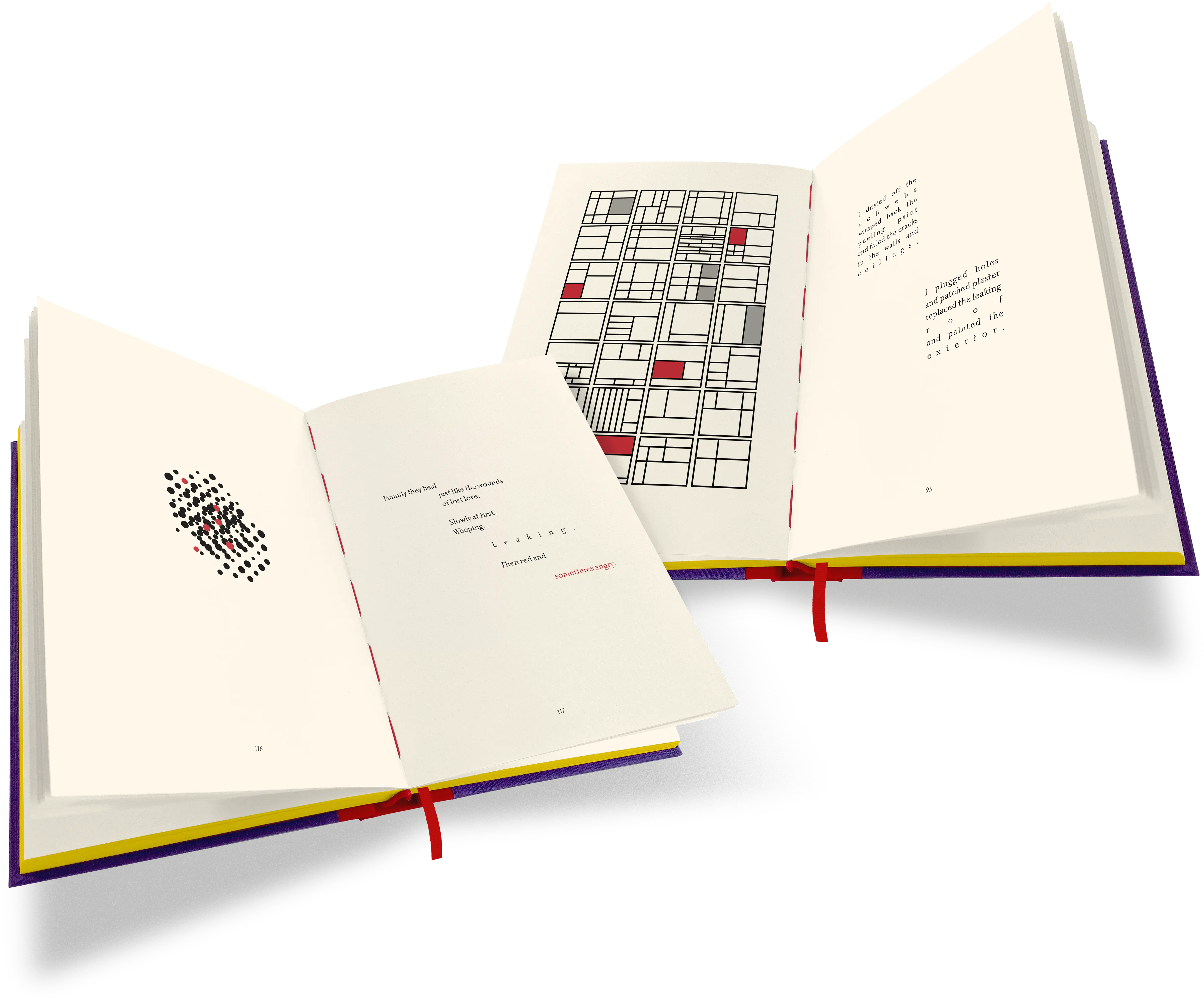 An image of two double-paged spreads for the book, with red and black type and red and black graphic elements.