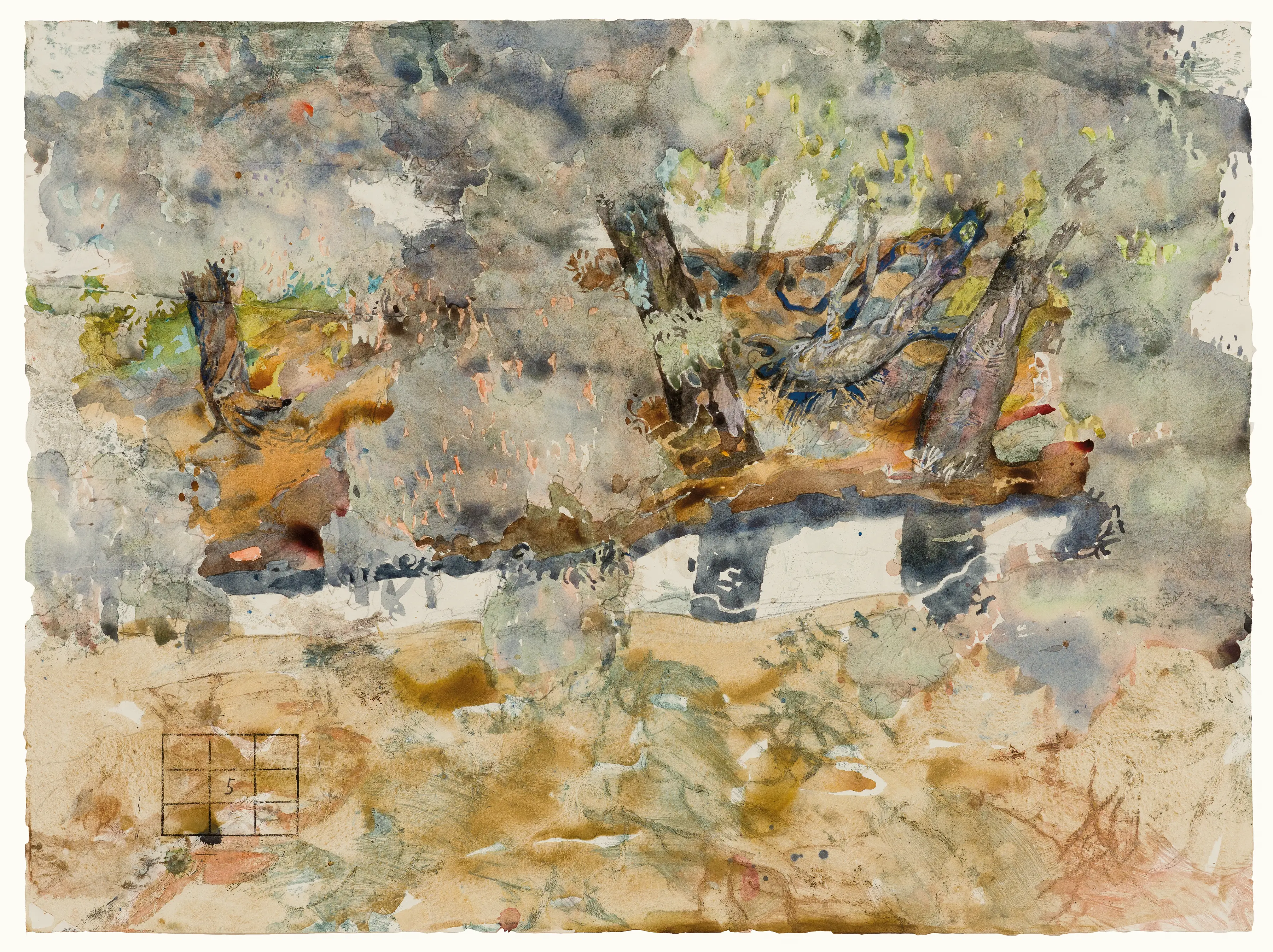 A colourful, abstract watercolour painting of a waterhole with large river red gum trees growing along the banks and their reflections on the water surface.