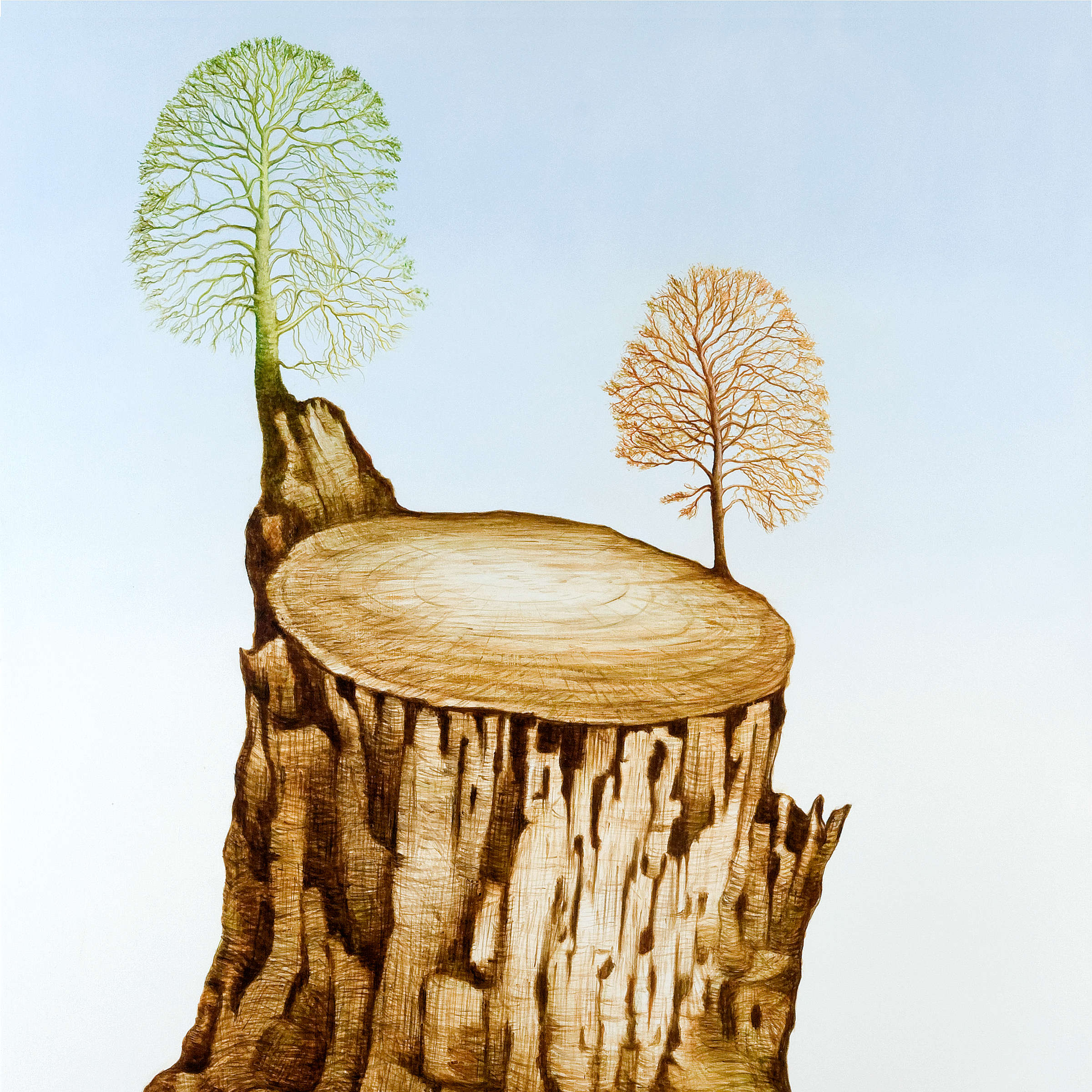 An oil painting featuring the stump of an old tree that has been felled set against a bright sky blue background. Two trees, one green and one brown, are sprouting from the dead wood of the stump.