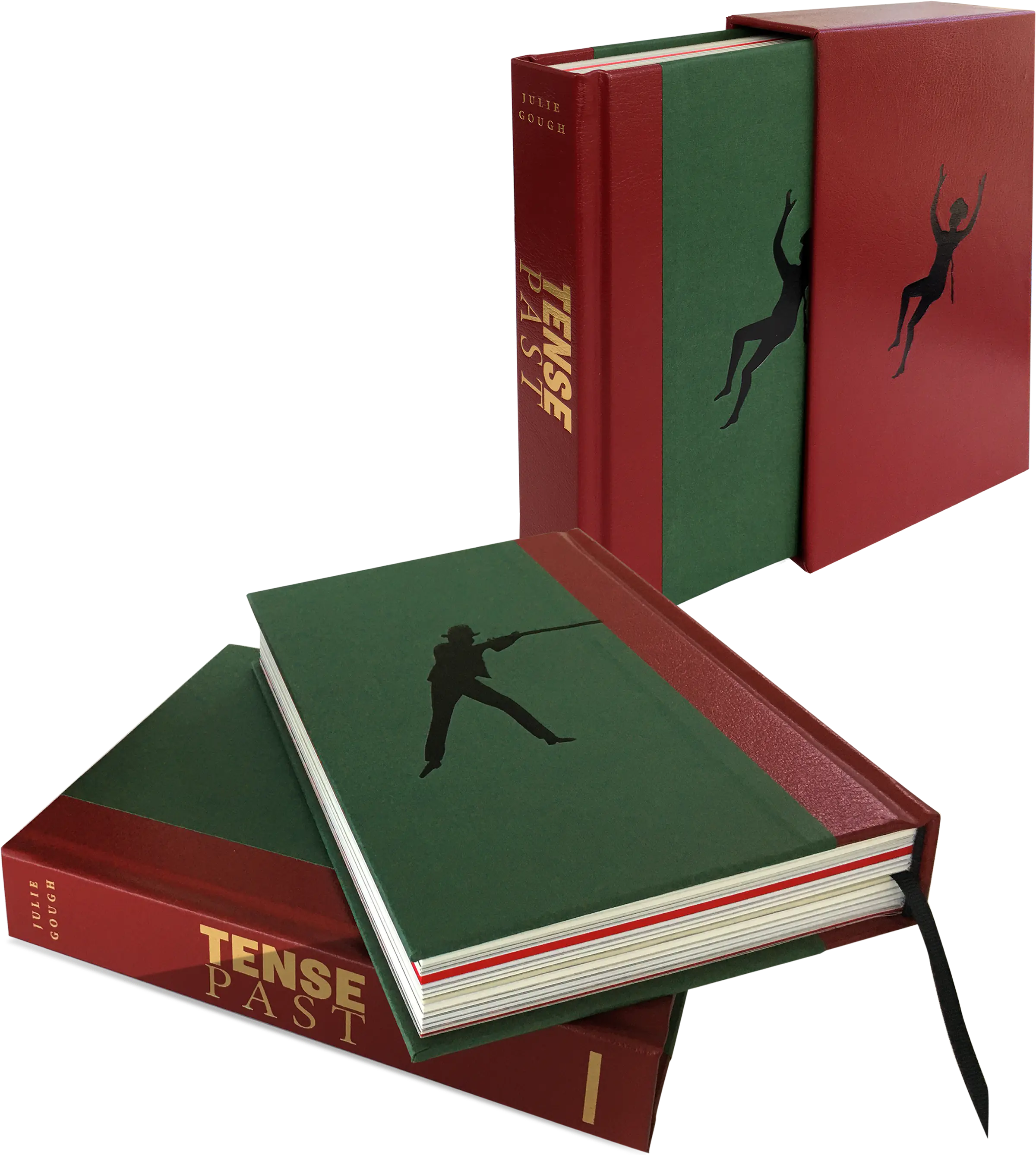 Montage image constructed by Lynda Warner showing three copies of the book TENSE PAST by Julie Gough. The books have red calf leatherette quarter bound spines and green hardcases with black foil silhouettes of a colonialist firing a gun and an Aboriginal man falling backwards after being shot. The title of the book and the author’s name are debossed in gold foil. One of the books also has a leather slipcase.