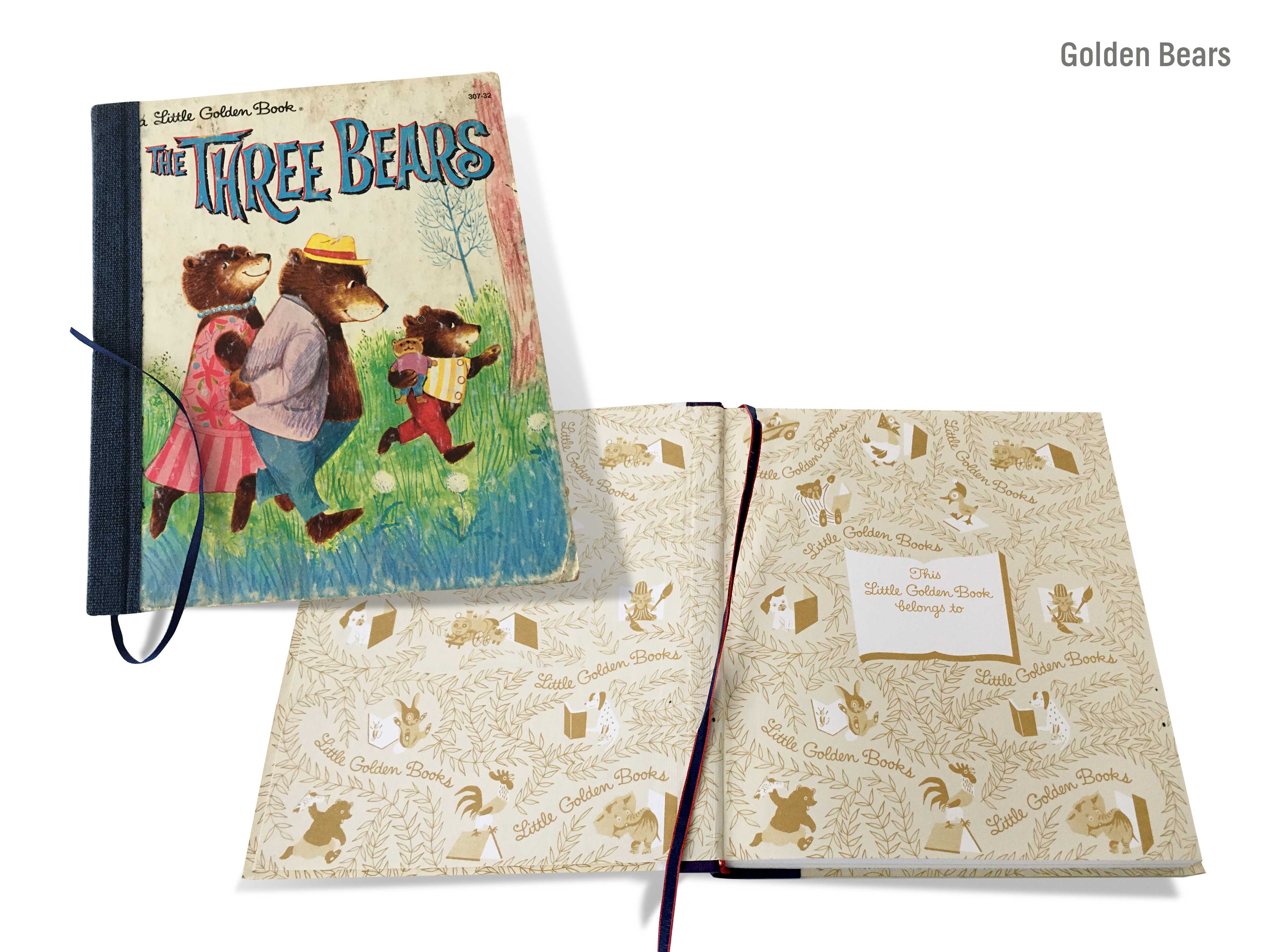 A montage image of a cover and a double-page spread of the hand-made journal titled, ‘Golden Bears’ by Michael Small, featuring a Little Golden Book cover of ‘The Three Bears’ and a double-page spread showing the Little Golden Book endpapers with a panel ‘This Little Golden Book belongs to’.