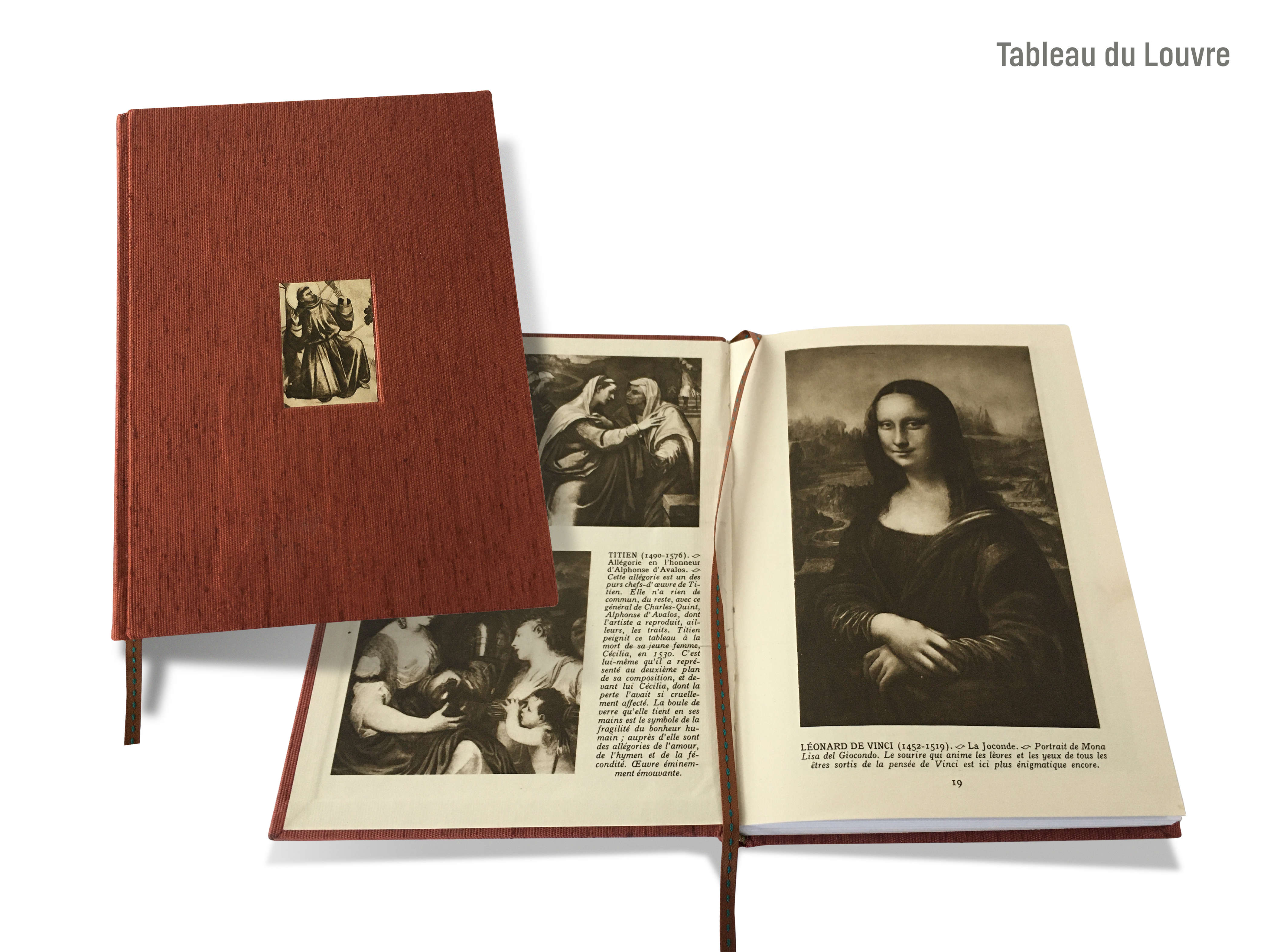 A montage image of a cover and a double-page spread of the hand-made journal titled, ‘Tableau du Louvre’ by Michael Small, featuring a dark red linen cover with a line engraving of a monk and a double-page spread with line engravings of two artworks by Titian and the Mona Lisa by Leonardo de Vinci.