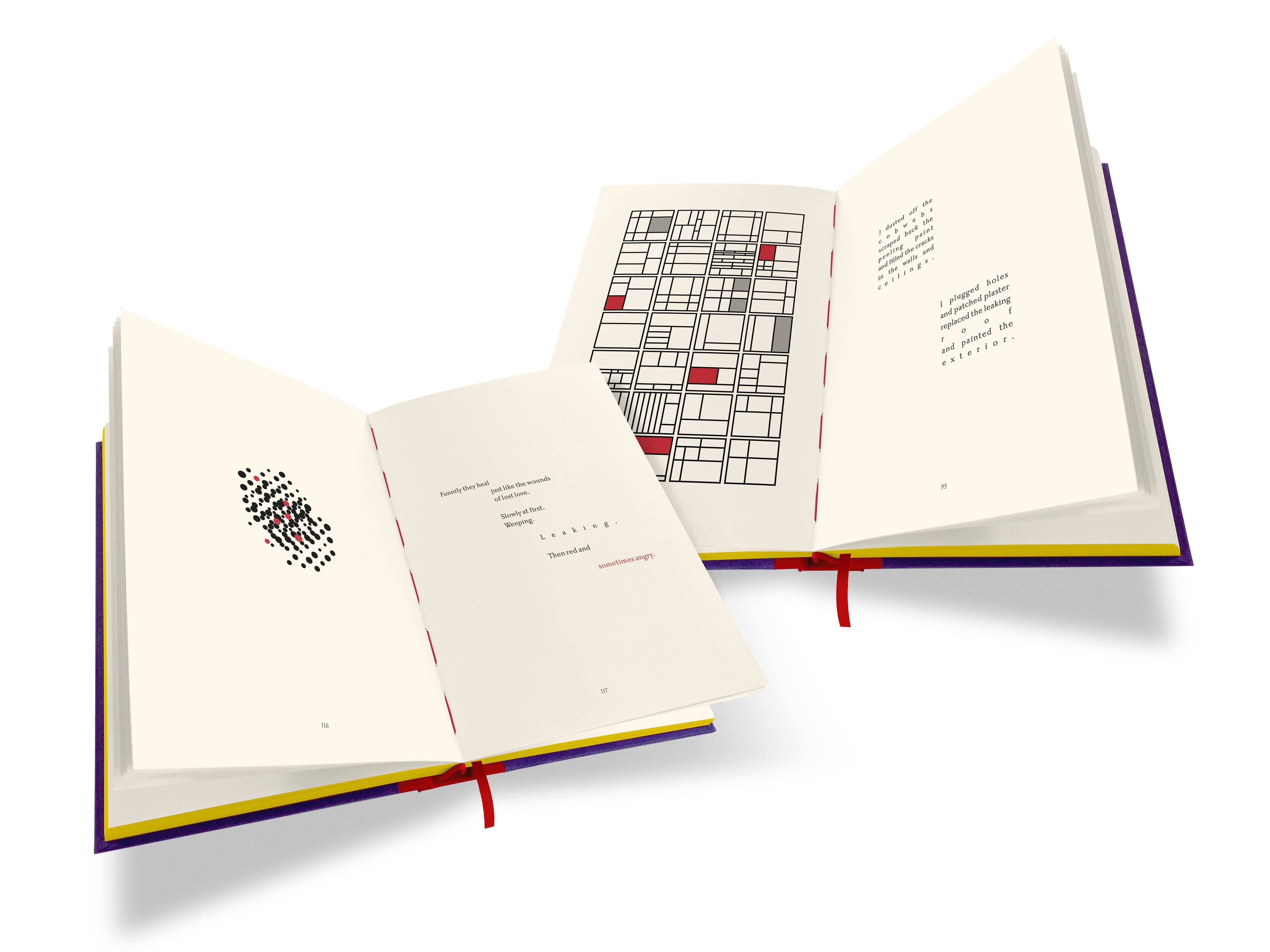 An image of two double-paged spreads for the book, with red and black type and red and black graphic elements.