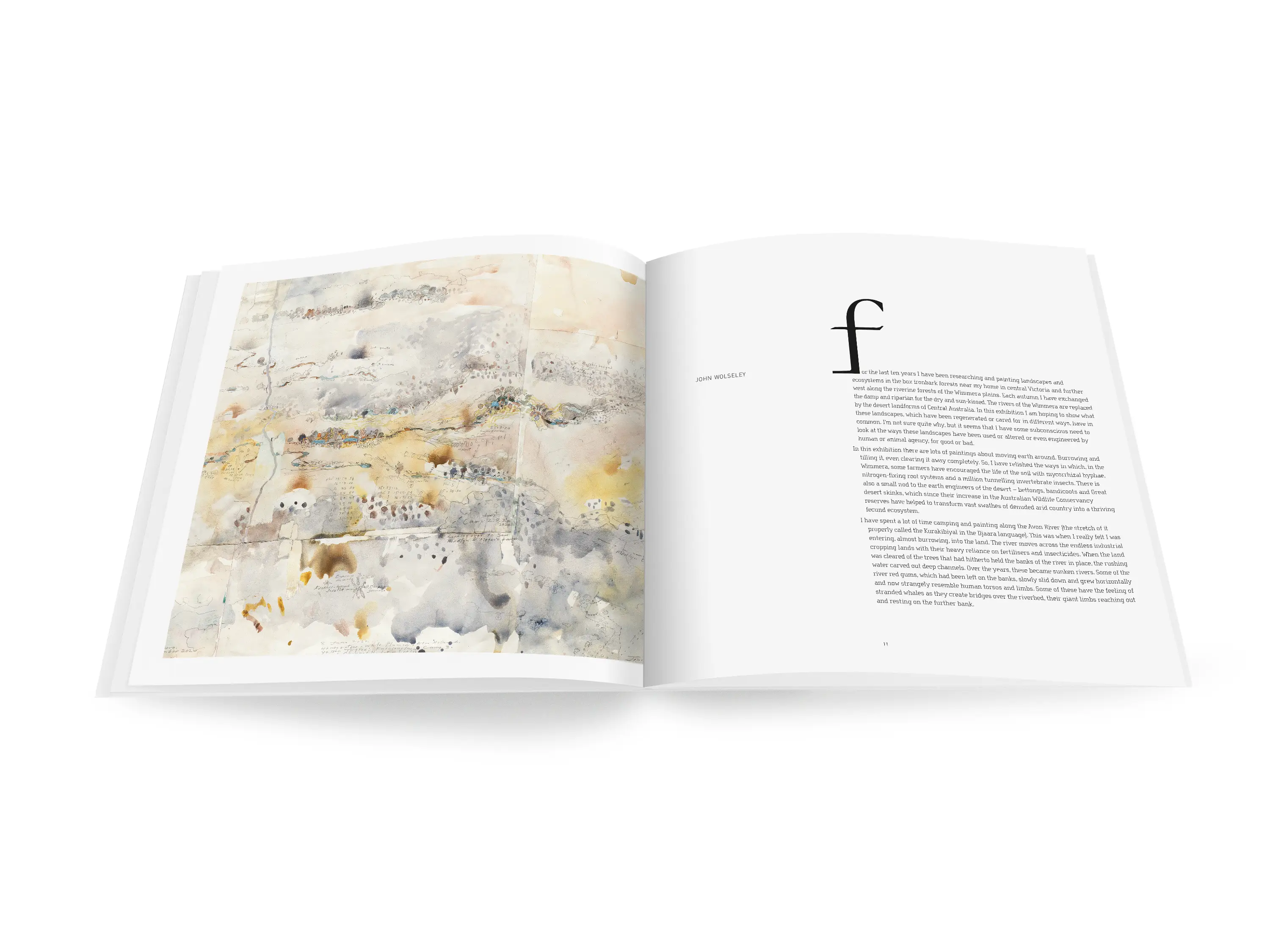 A double-page spread from a book with a colourful, abstract watercolour painting on the left-hand side and text with the heading &lsquo;John Wolseley&rsquo; on the right-hand side.