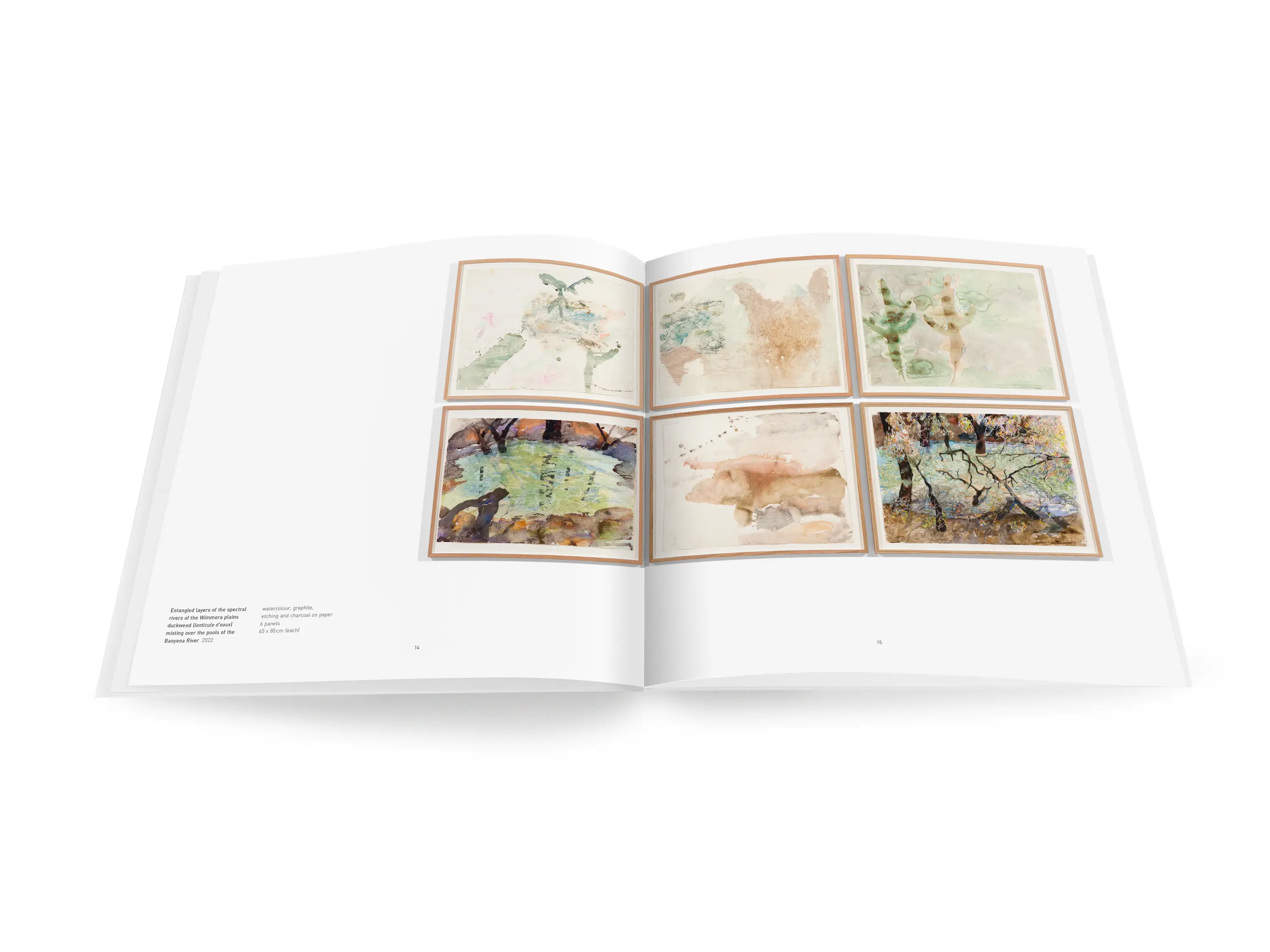A double-page spread from a book with six colourful, abstract watercolour landscape paintings.