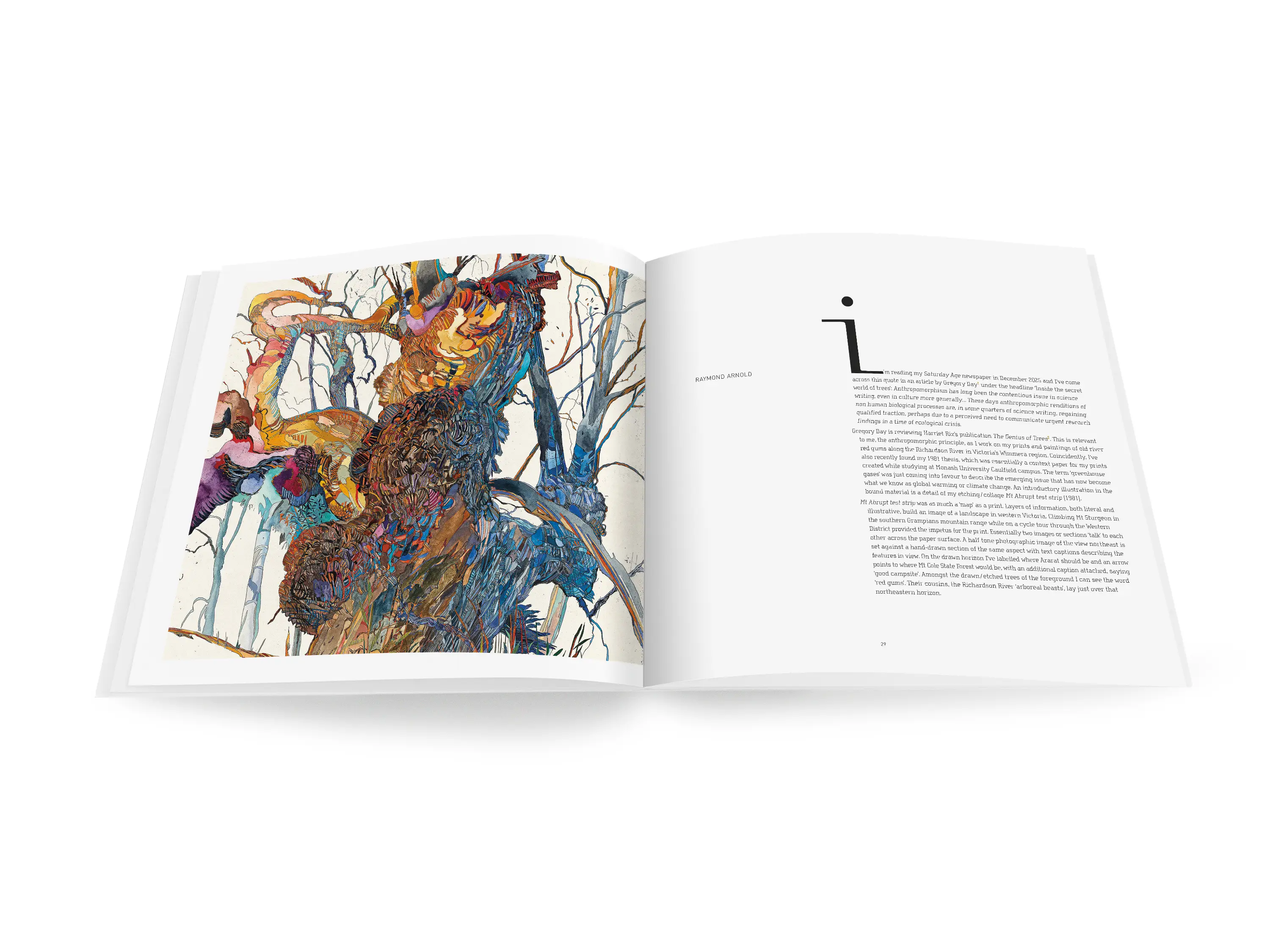 A double-page spread from a book with a stylised image of a giant river red gum with a thick black trunk and colourful twisted branches on the left-hand side and text with the heading &lsquo;Raymond Arnold&rsquo; on the right-hand side.
