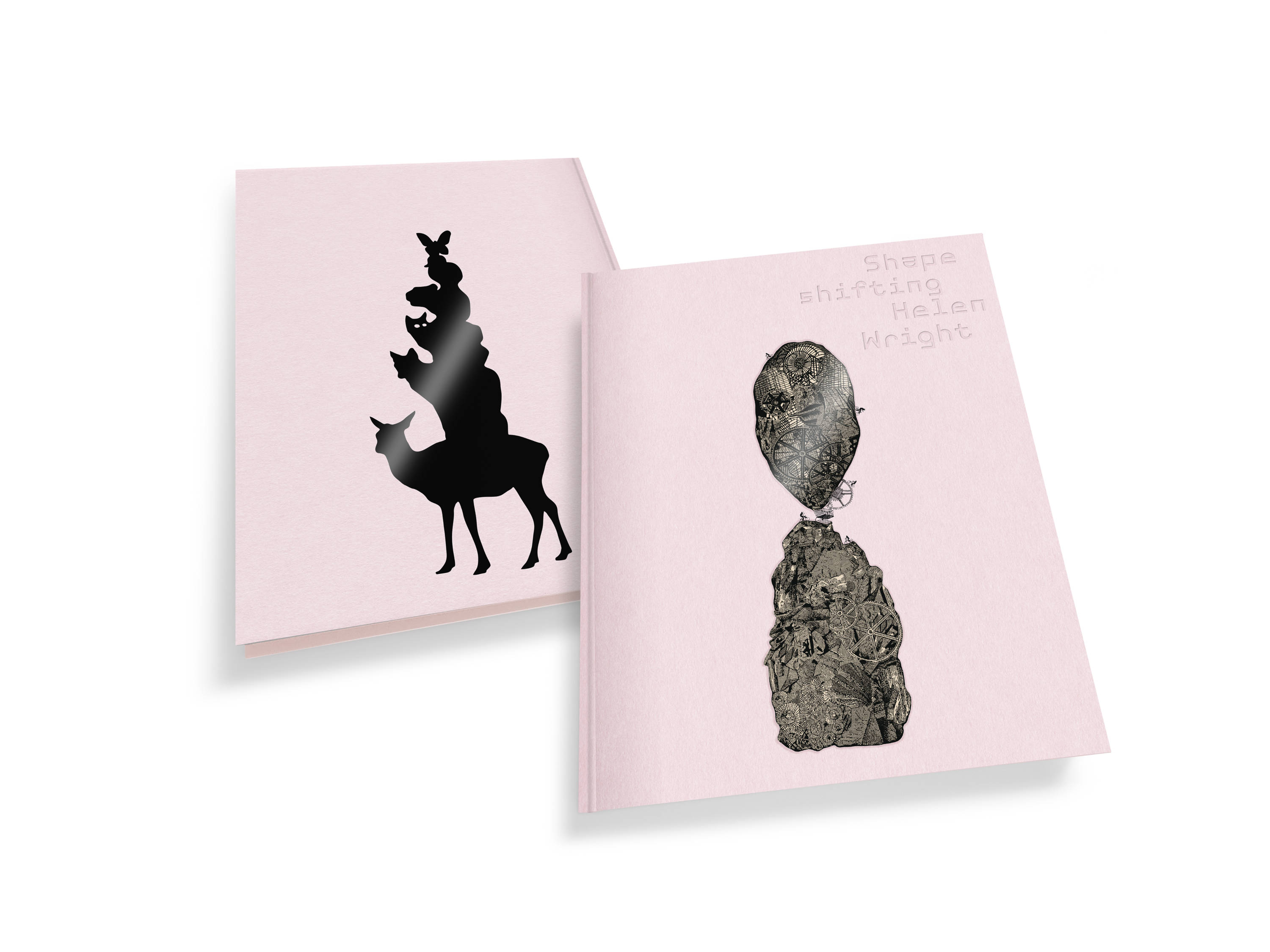 An image of the pink front and back covers of a book featuring a silhouette of a tower of animals and a montage of natural and human-made structures woven into an imaginary architectural stack of rubble that resembles two large rocks balancing precariously on top on one another.