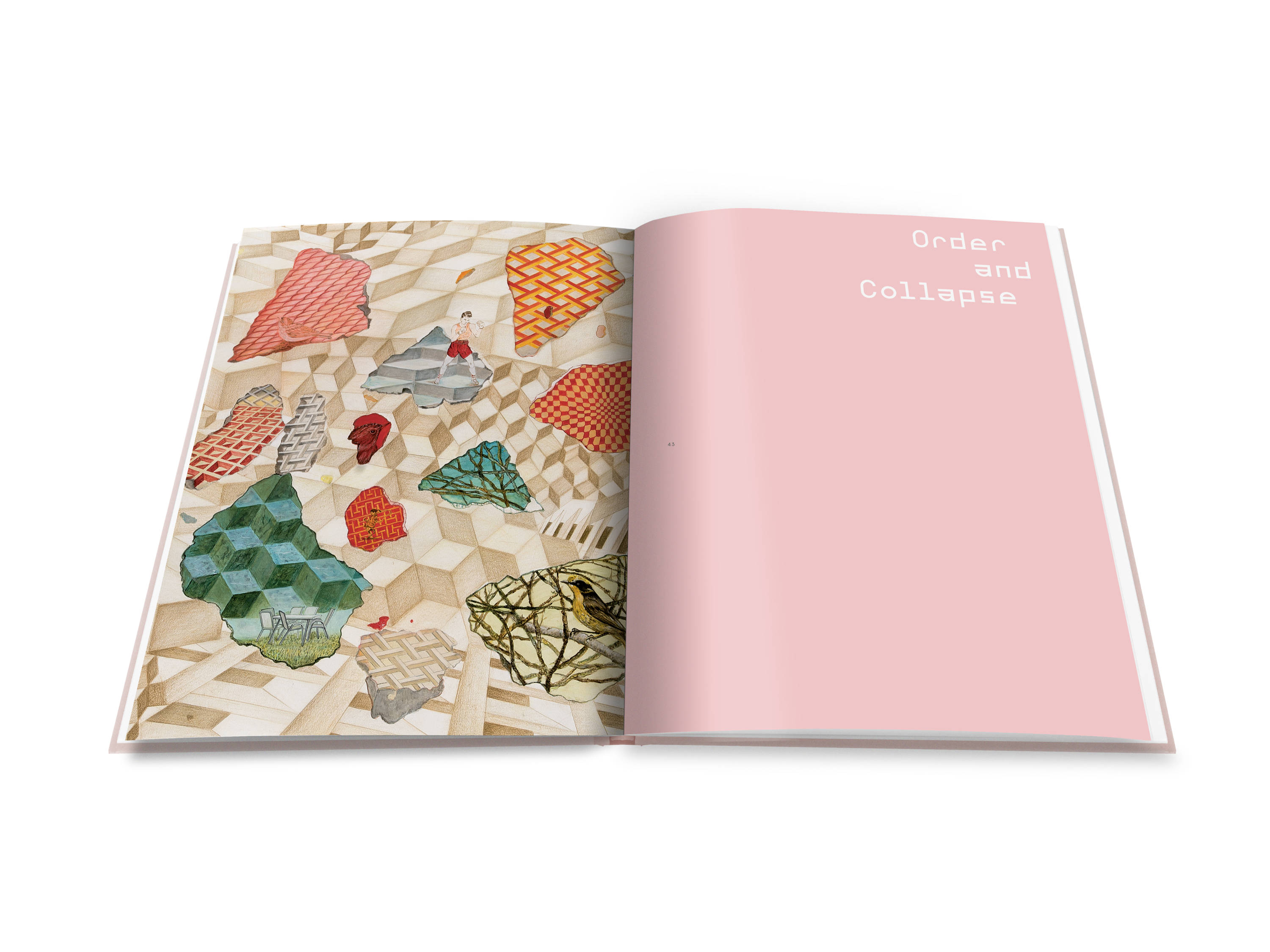 A double page spread from Shapeshifting : Helen Wright with the chapter title ‘Order and Collapse’ on a pink page, and illustrated with a large graphite and coloured pencil work with multiple coloured fragments with intricate patterns and figures or objects including of a boxer, a bird and an outdoor furniture setting with a table and six chairs.