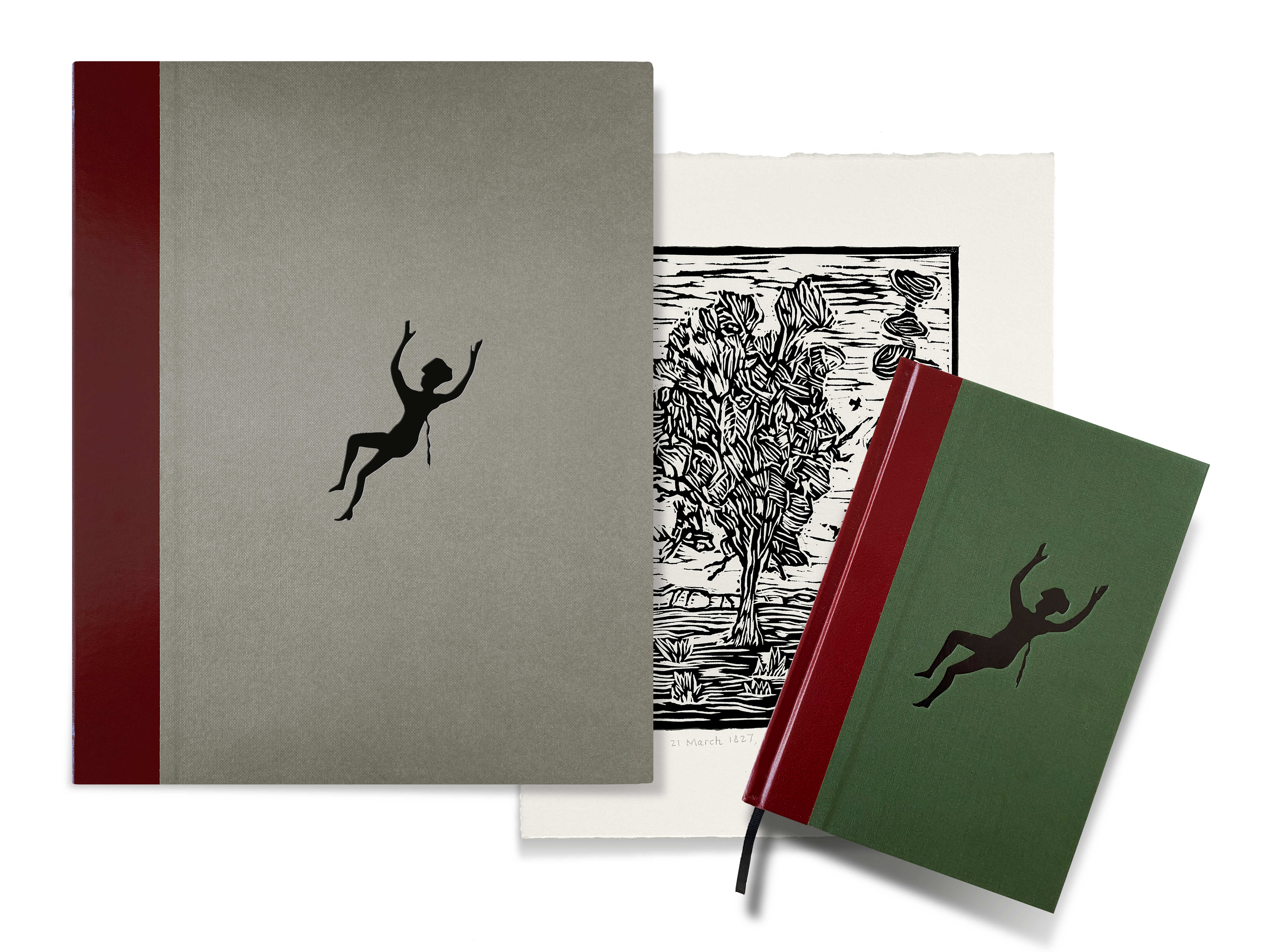 Image of the Artist Folio with grey cover, dark red spine and silhouette of a falling figure (at left) overlayed with a copy of the Standard Edition book (at right) with its green cover, dark red spine and a silhouette of a falling figure.