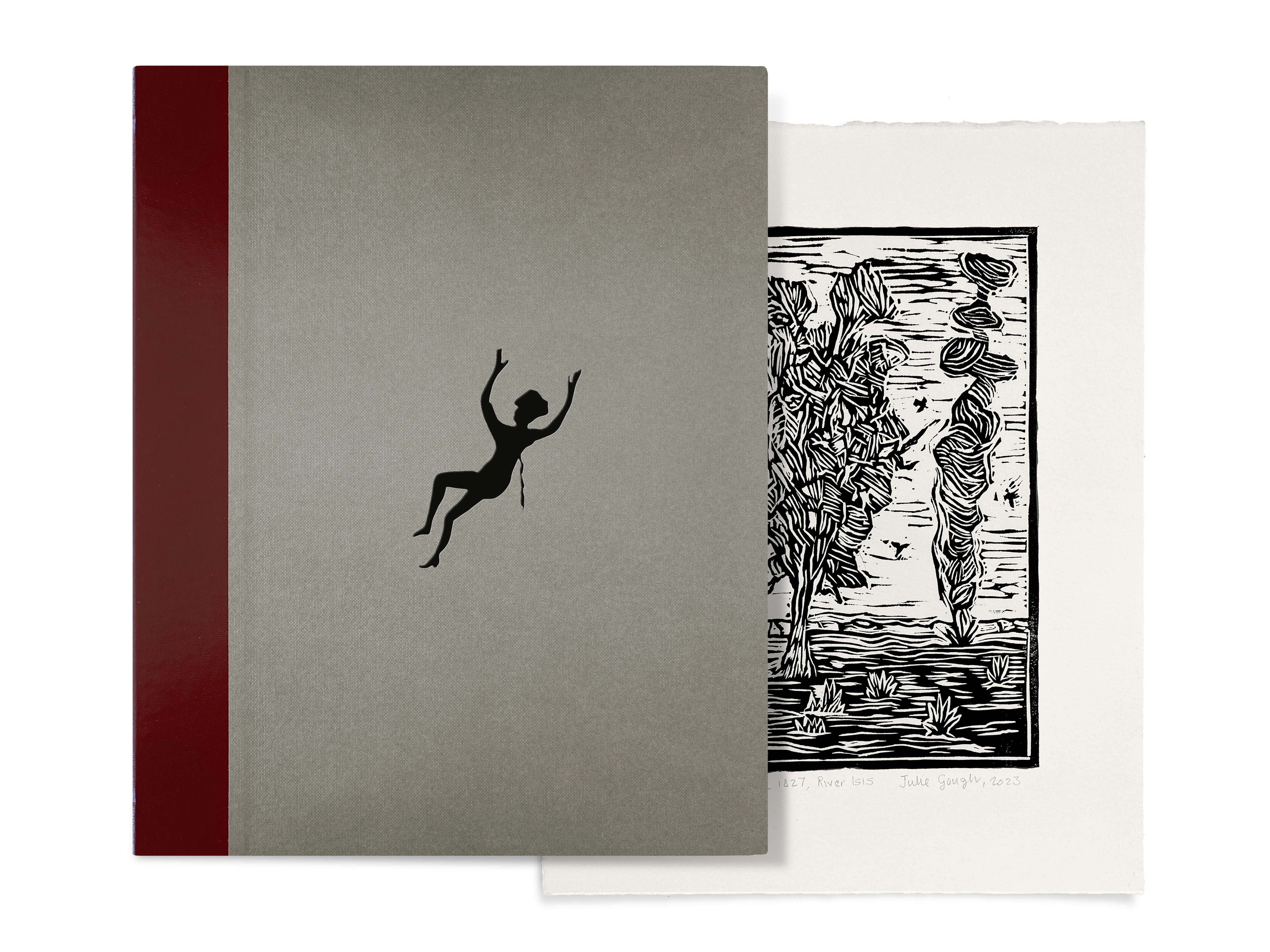 Image of the Artist Folio with grey cover, dark red spine and silhouette of a falling figure (at left) and the limited edition print partly revealed.