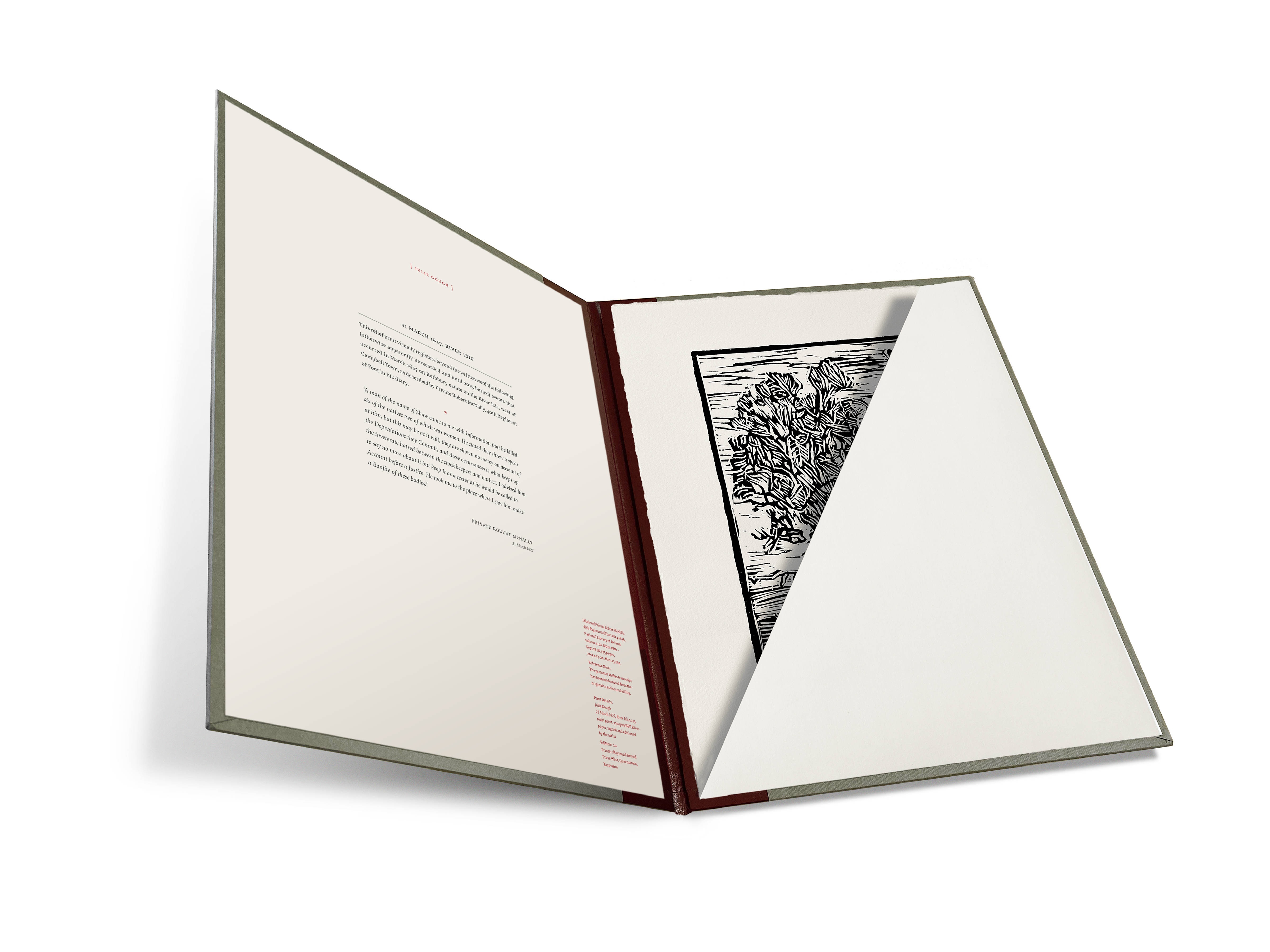 Image of an open version of the Artist Folio with a text panel (at Left) and a print tucked inside a pocket.