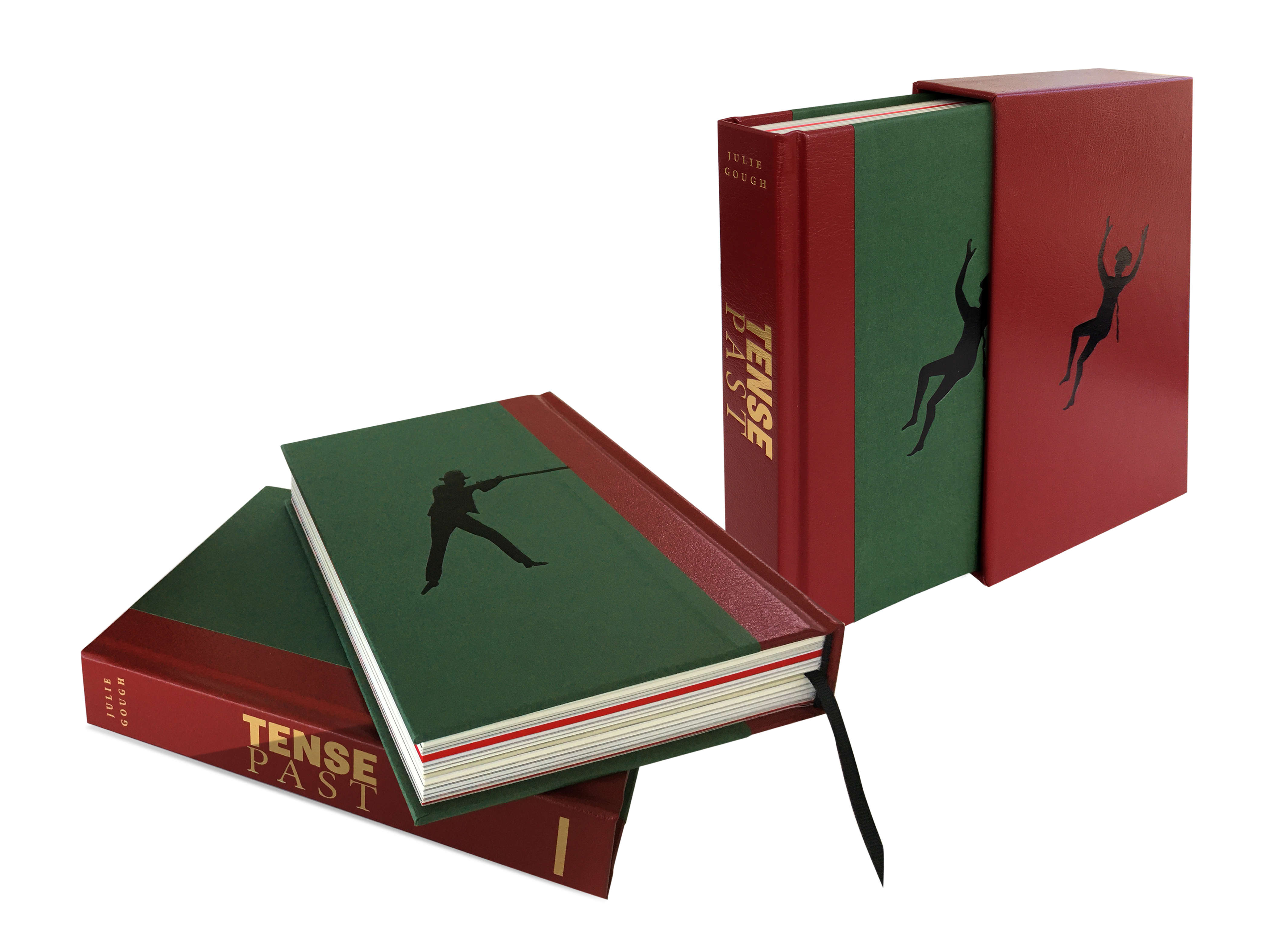 Montage image constructed by Lynda Warner showing three copies of the book TENSE PAST by Julie Gough. The books have red calf leatherette quarter bound spines and green hardcases with black foil silhouettes of a colonialist firing a gun and an Aboriginal man falling backwards after being shot. The title of the book and the author’s name are debossed in gold foil. One of the books also has a leather slipcase.