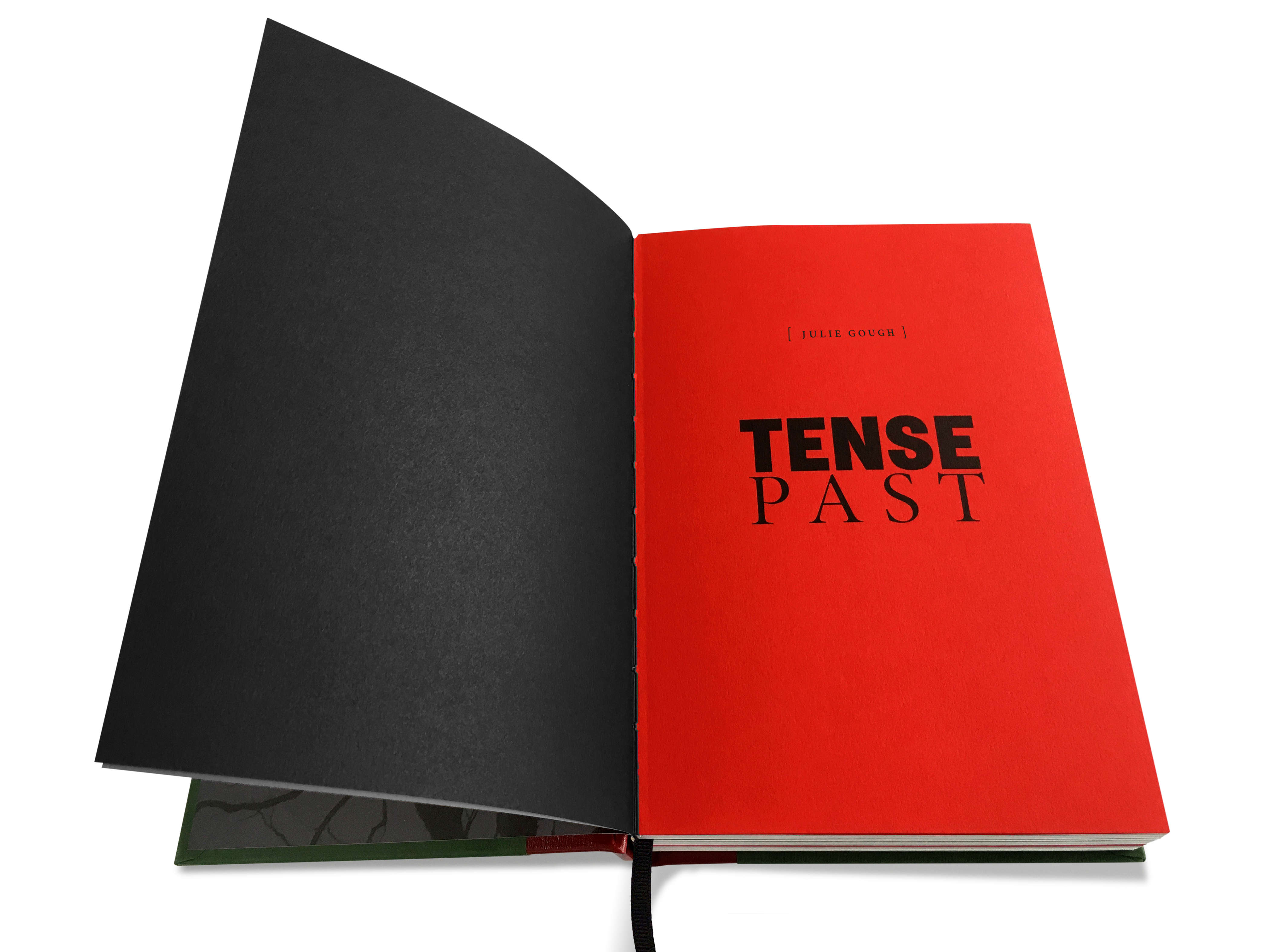 Image of a double-page spread from the TENSE PAST book. The left-hand page is black and the right hand page is red with the author’s name ‘Julie Gough’ and the title of the book ‘TENSE PAST’.