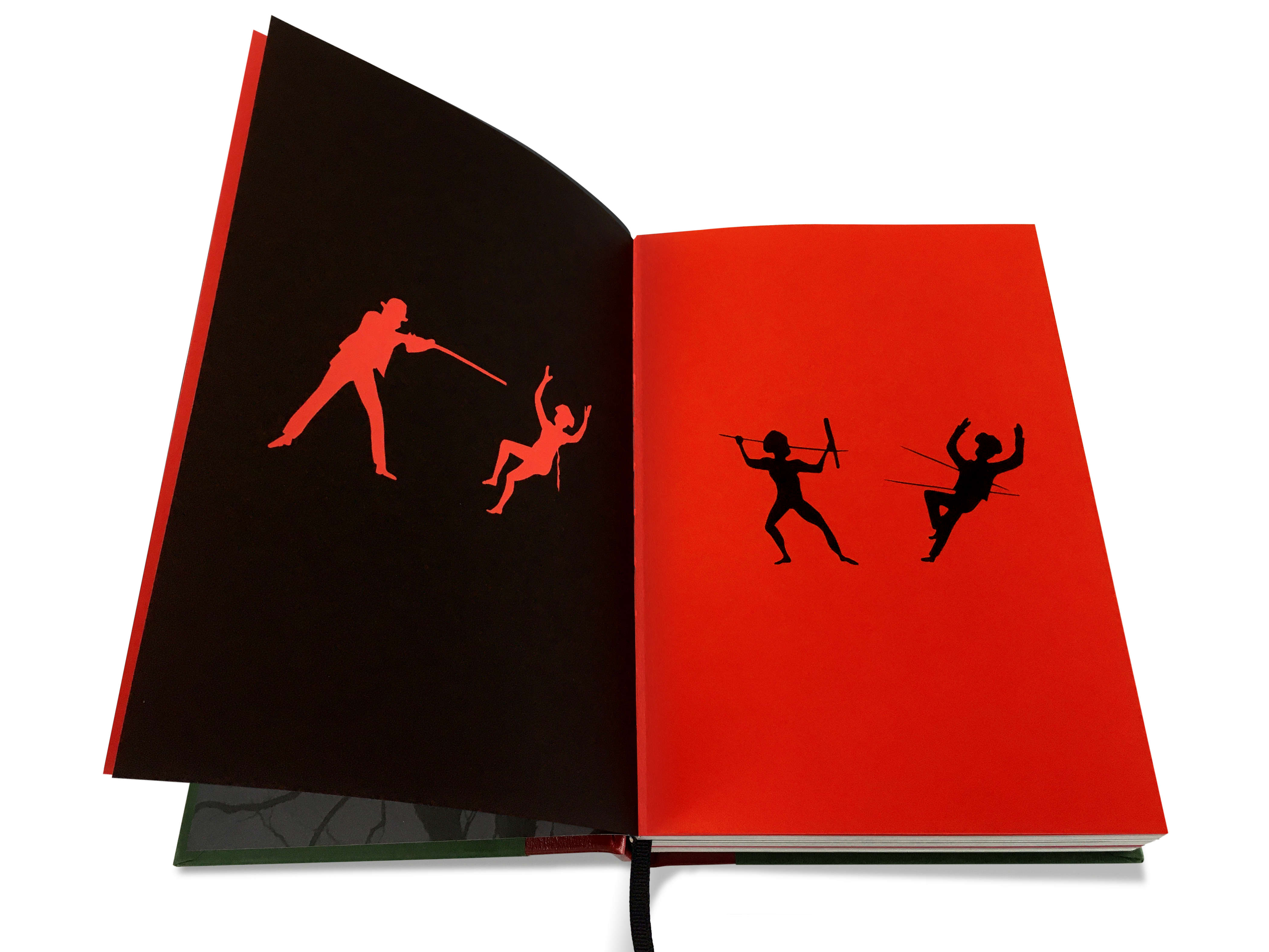 Image of a double-page spread from the TENSE PAST book. The left-hand page is black with two red silhouette figures. The left-hand figure is of a colonialist with a gun shooting the right-hand figure, an Aboriginal man who is falling backwards. The right-hand page is red two black silhouette figures. The left-hand figure is of an Aboriginal man holding a spear and a club. The right-hand figure is a colonist who has two spears through his body and is falling backwards.