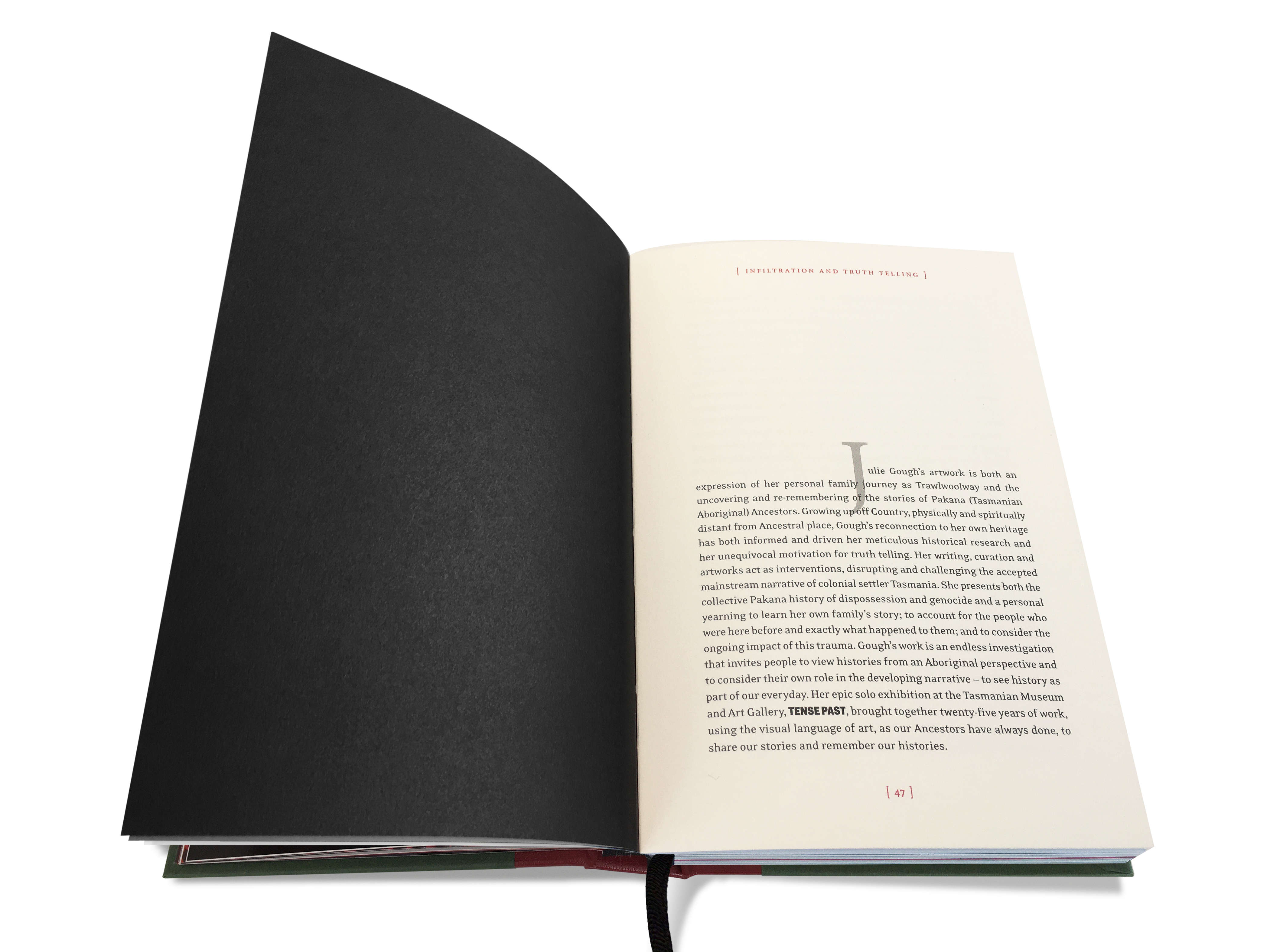 Image of a double-page spread from the TENSE PAST book (pages 118 & 119). The left-hand page is black. The right-hand page is the first page of the essay by Zoe Rimmer titled ‘INFILTRATION AND TRUTH-TELLING’.