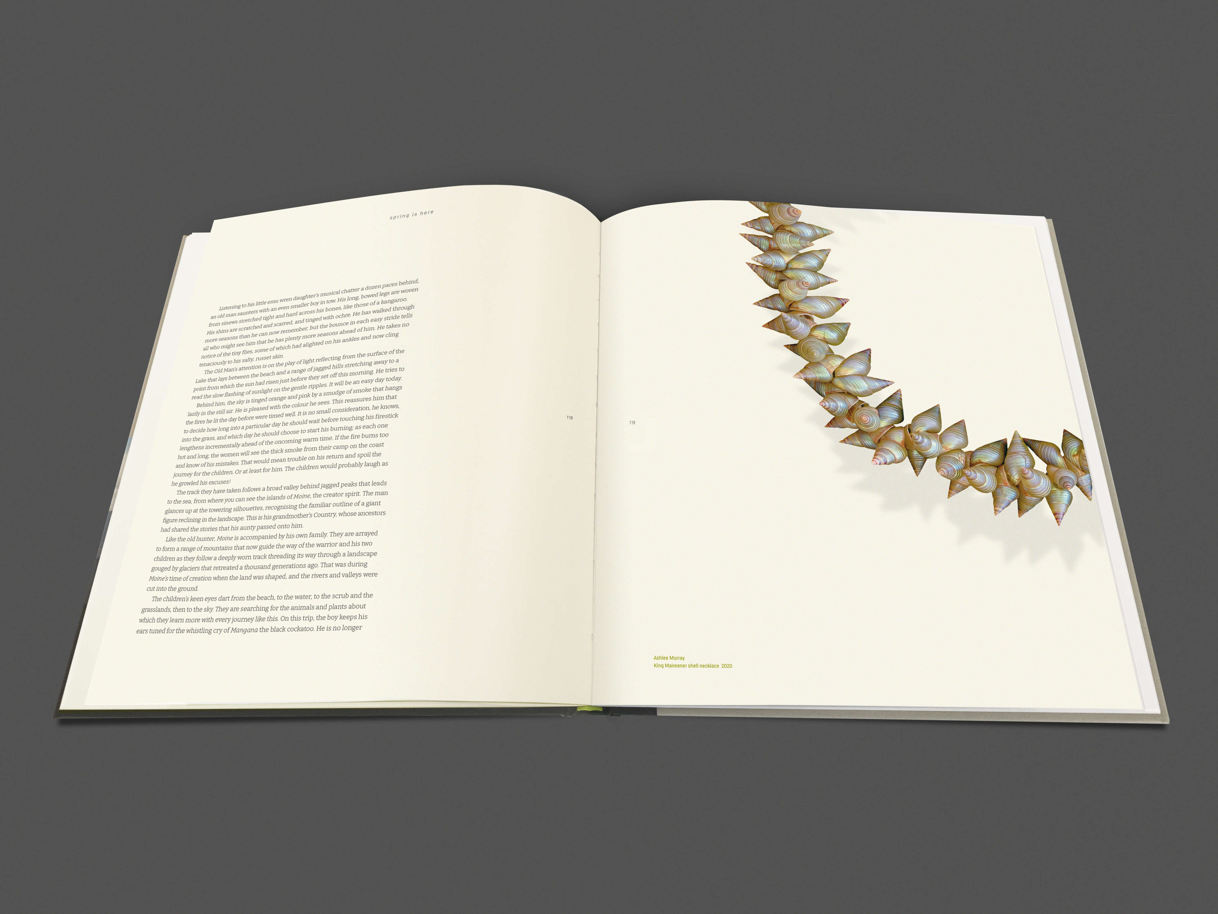 Image of a double-page spread from the water[shed] exhibition publication (pages 118 & 119). The left-hand page is a page of the essay by Greg Lehman titled ‘Spring Is Here’. The right-hand page features a detail of the King Maireener shell necklace by Ashlee Murray (2021).