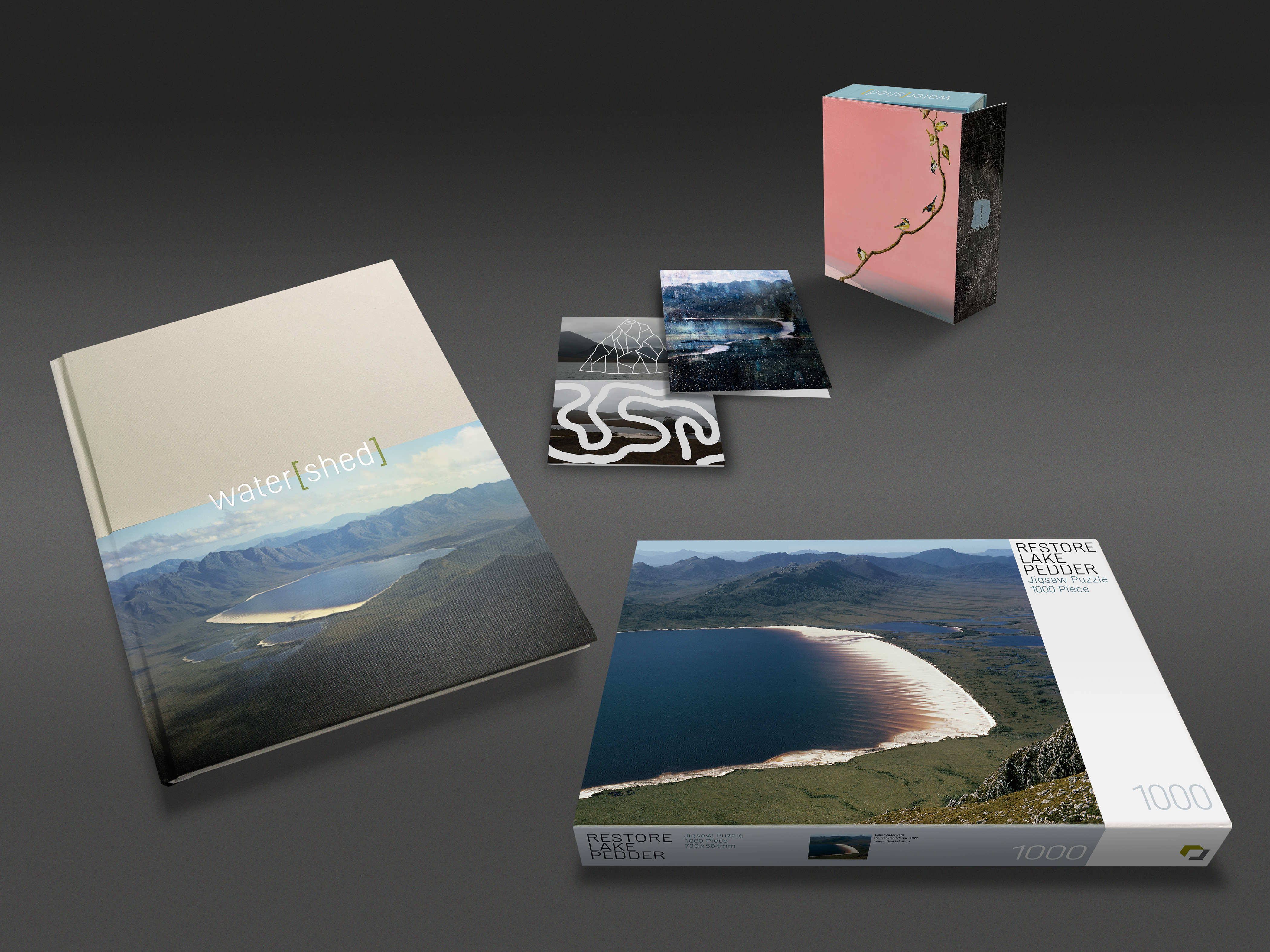 A composite image of water[shed] project campaign merchandise including the book (at left), the jigsaw (at right) and the boxed card set with two of the cards (at back).